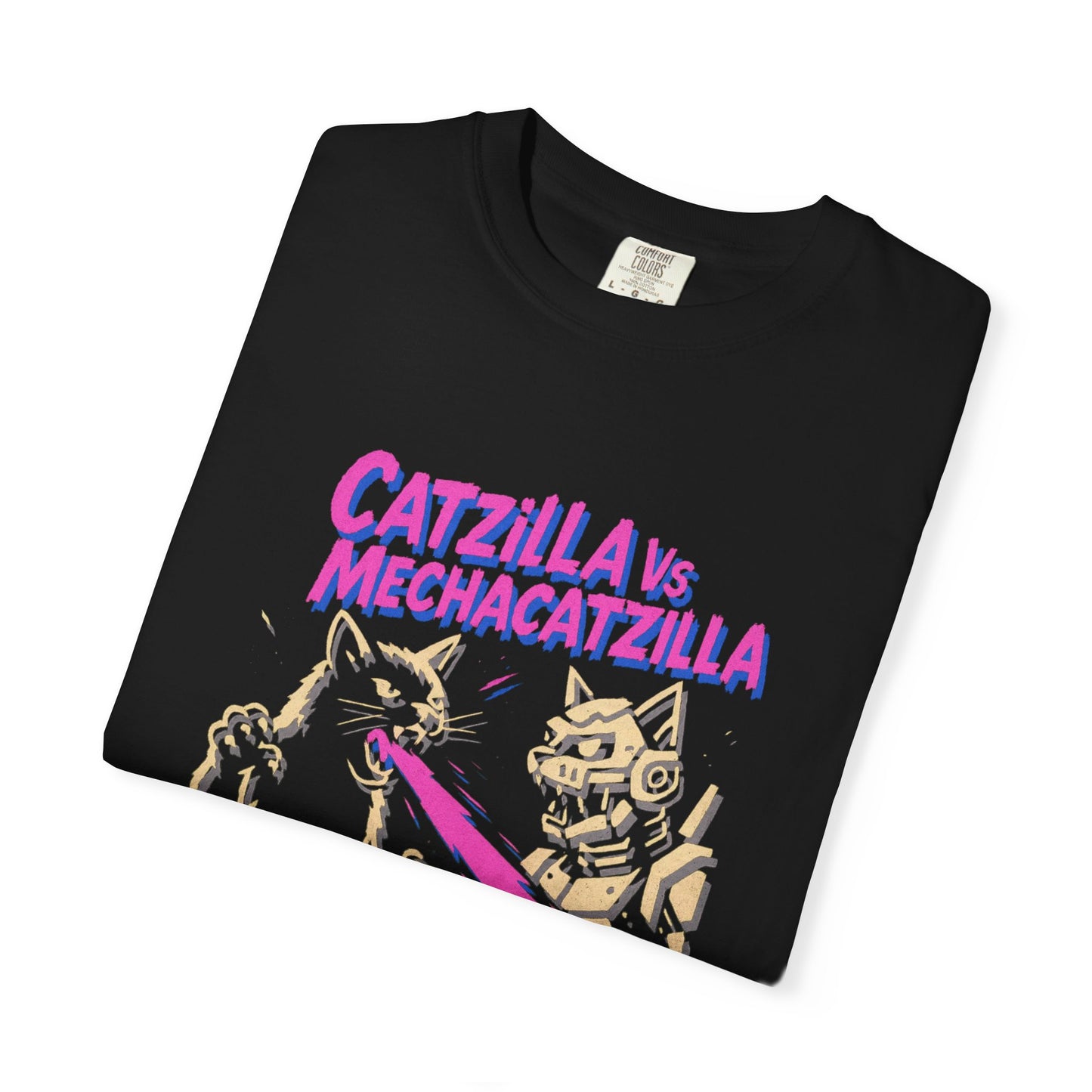 Catzilla vs MechaCatzilla Tee – Hot Pink & Green Kaiju Battle | Comfort Colors®