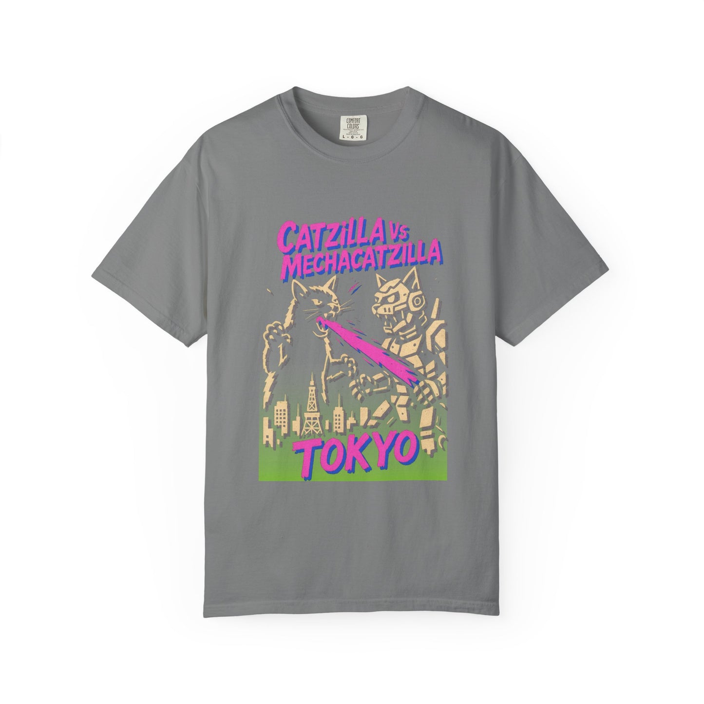 Catzilla vs MechaCatzilla Tee – Hot Pink & Green Kaiju Battle | Comfort Colors®