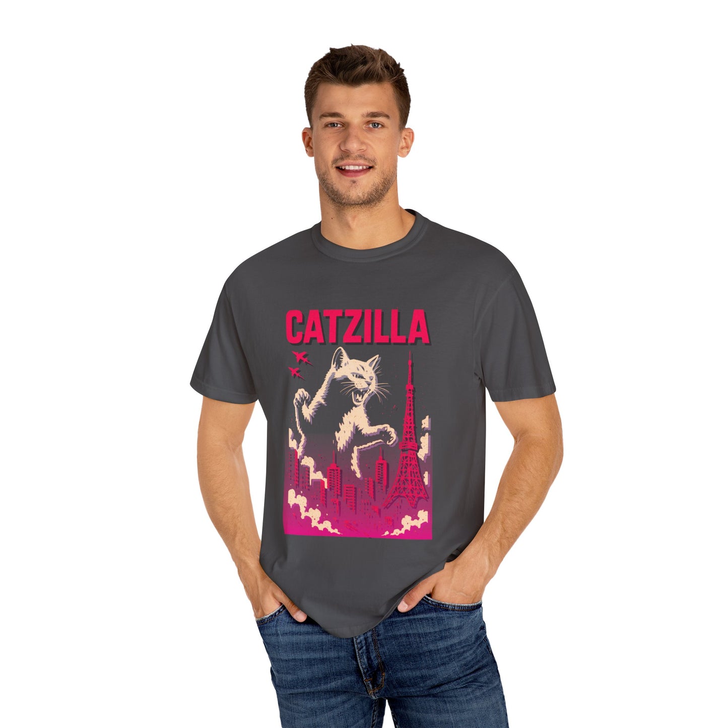 Catzilla Tee – Hot Pink Retro City Graphic | Comfort Colors®
