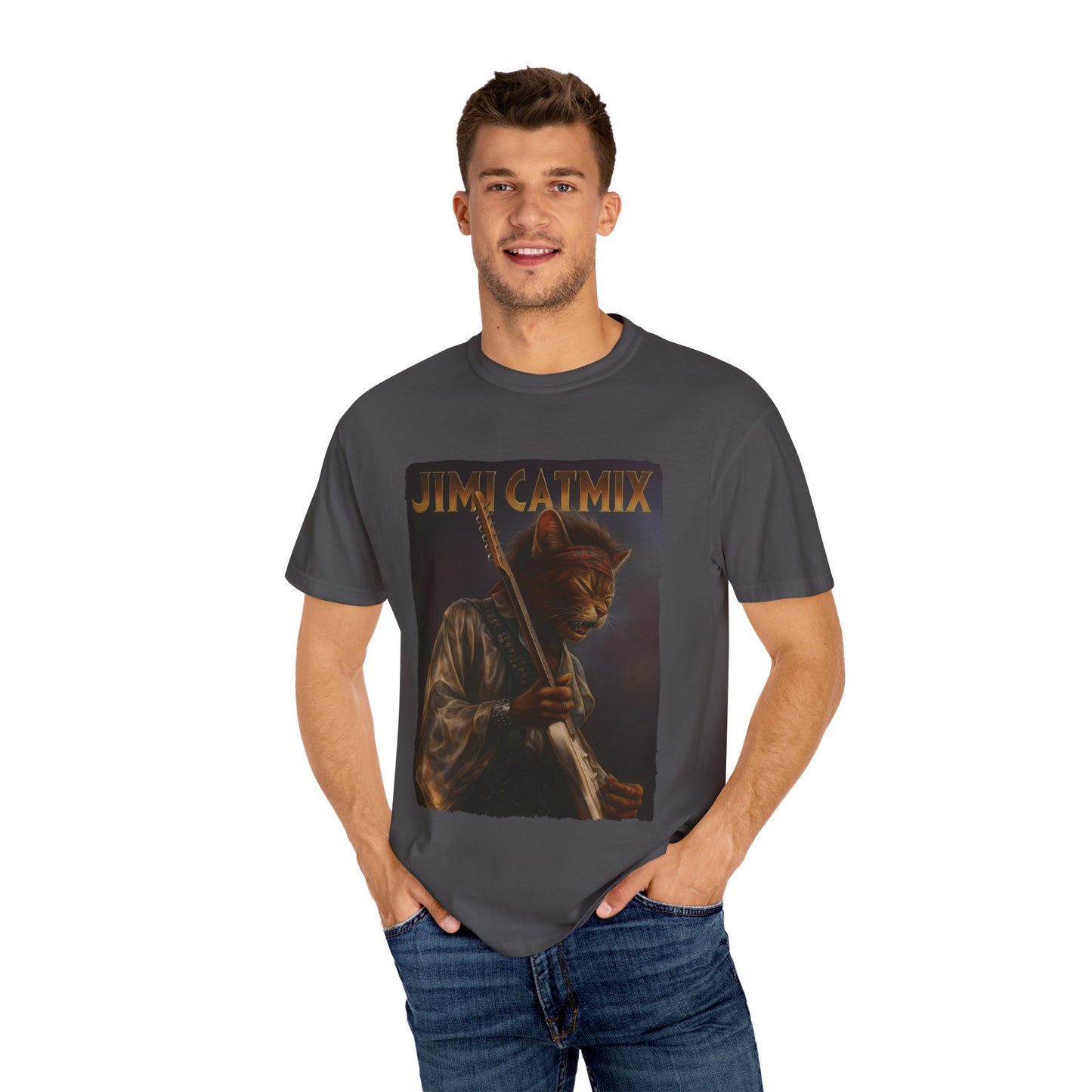 Jimi Catmix Tee – Psychedelic Guitar Cat Graphic