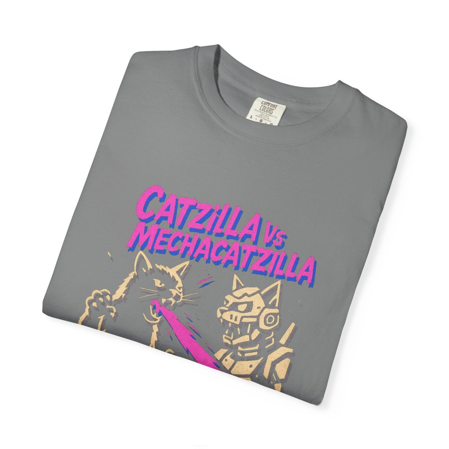 Catzilla vs MechaCatzilla Tee – Hot Pink & Green Kaiju Battle | Comfort Colors®