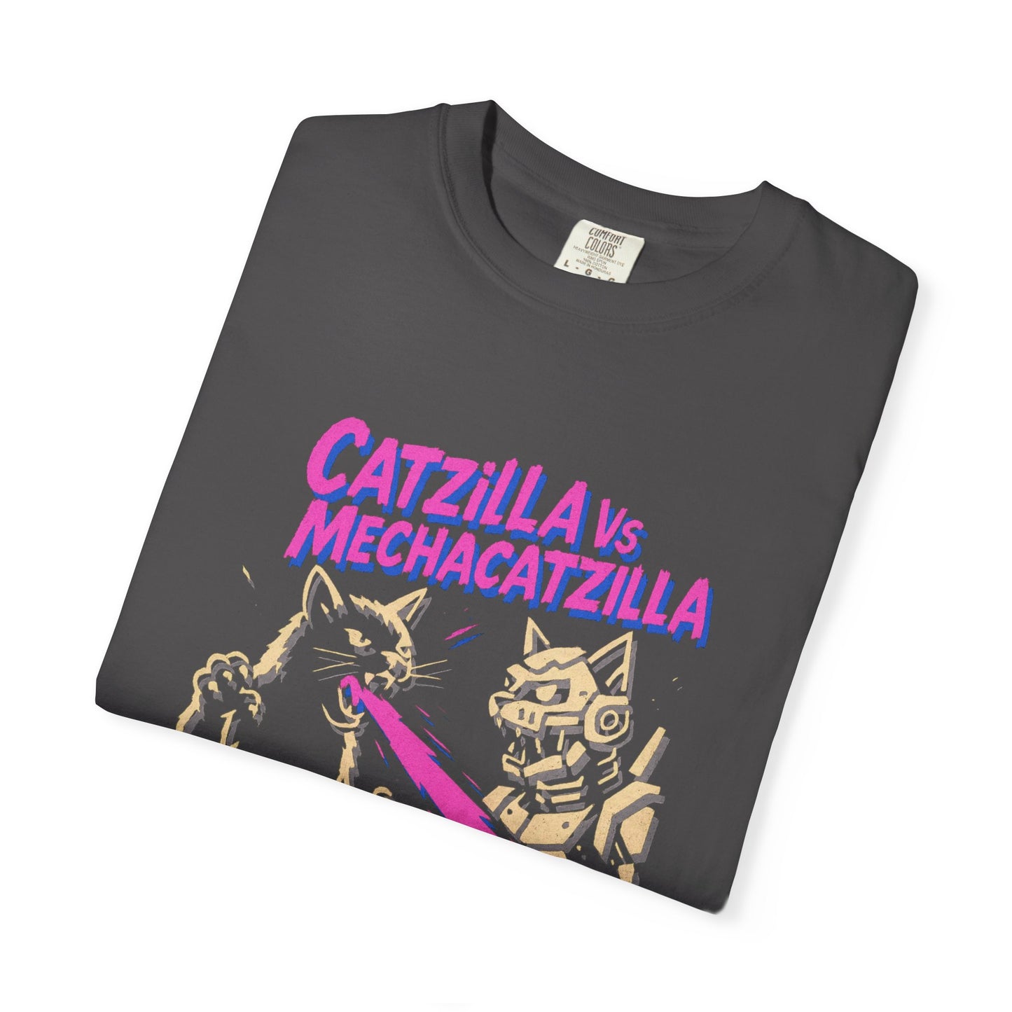 Catzilla vs MechaCatzilla Tee – Hot Pink & Green Kaiju Battle | Comfort Colors®