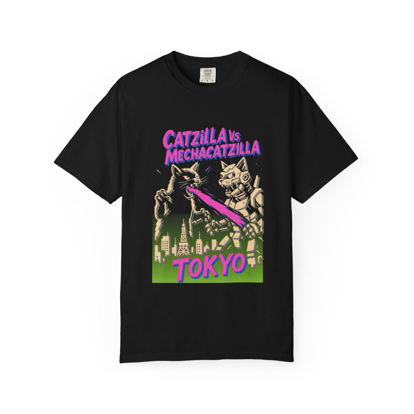 Catzilla vs MechaCatzilla Tee – Hot Pink & Green Kaiju Battle | Comfort Colors®
