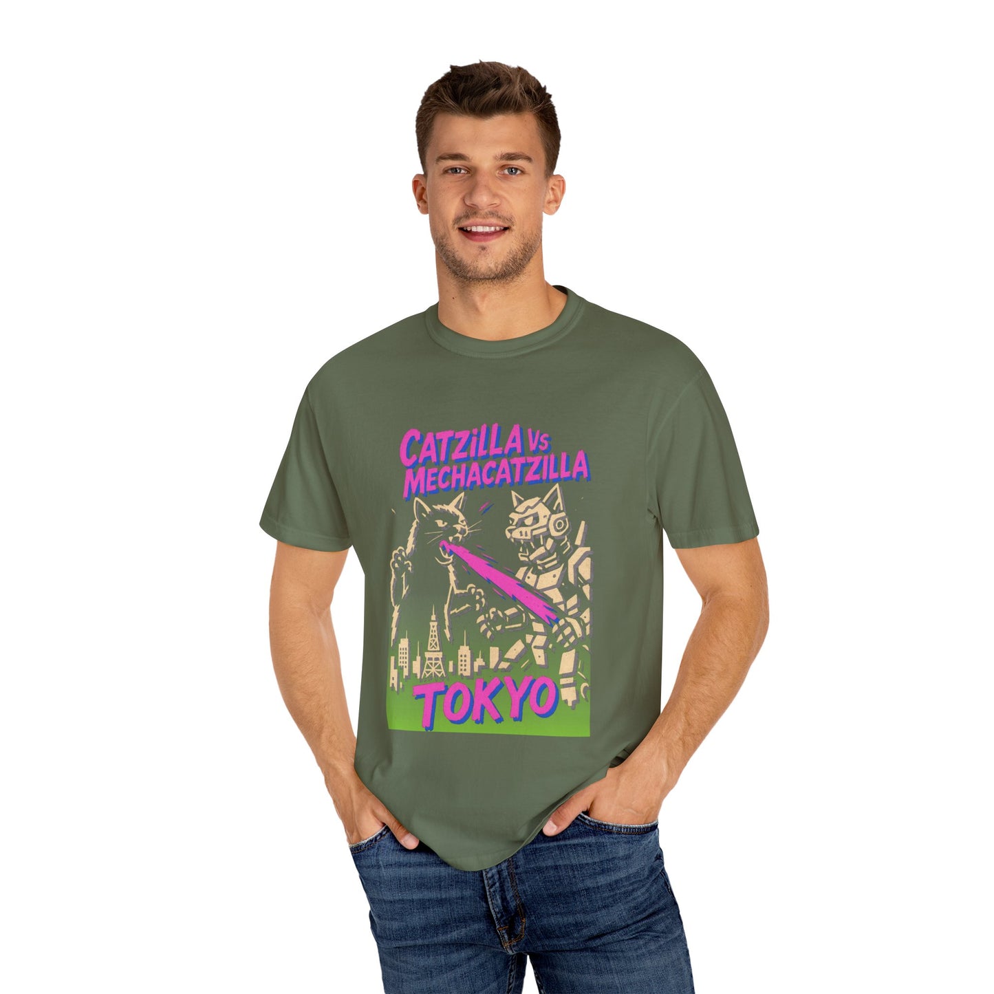 Catzilla vs MechaCatzilla Tee – Hot Pink & Green Kaiju Battle | Comfort Colors®