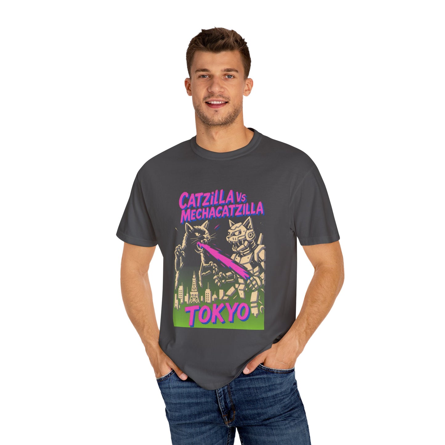Catzilla vs MechaCatzilla Tee – Hot Pink & Green Kaiju Battle | Comfort Colors®