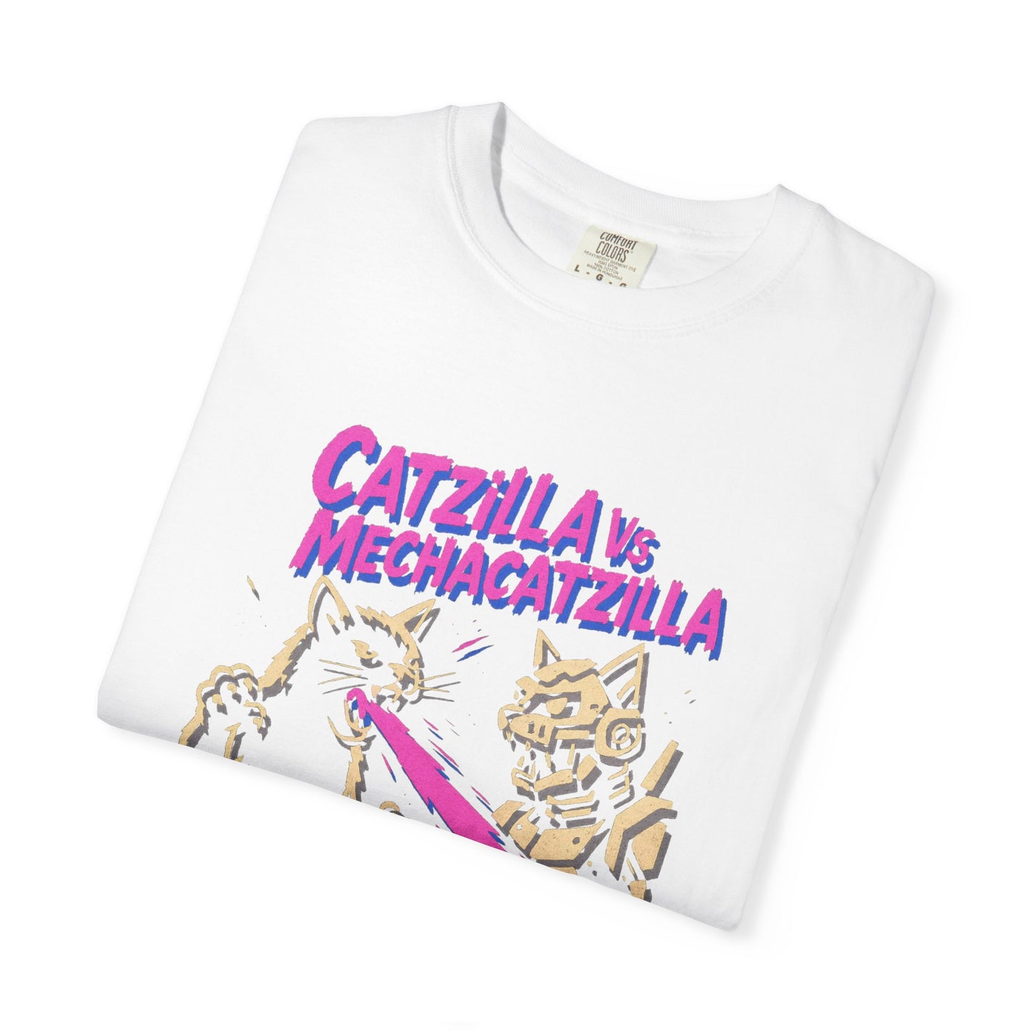 Catzilla vs MechaCatzilla Tee – Hot Pink & Green Kaiju Battle | Comfort Colors®