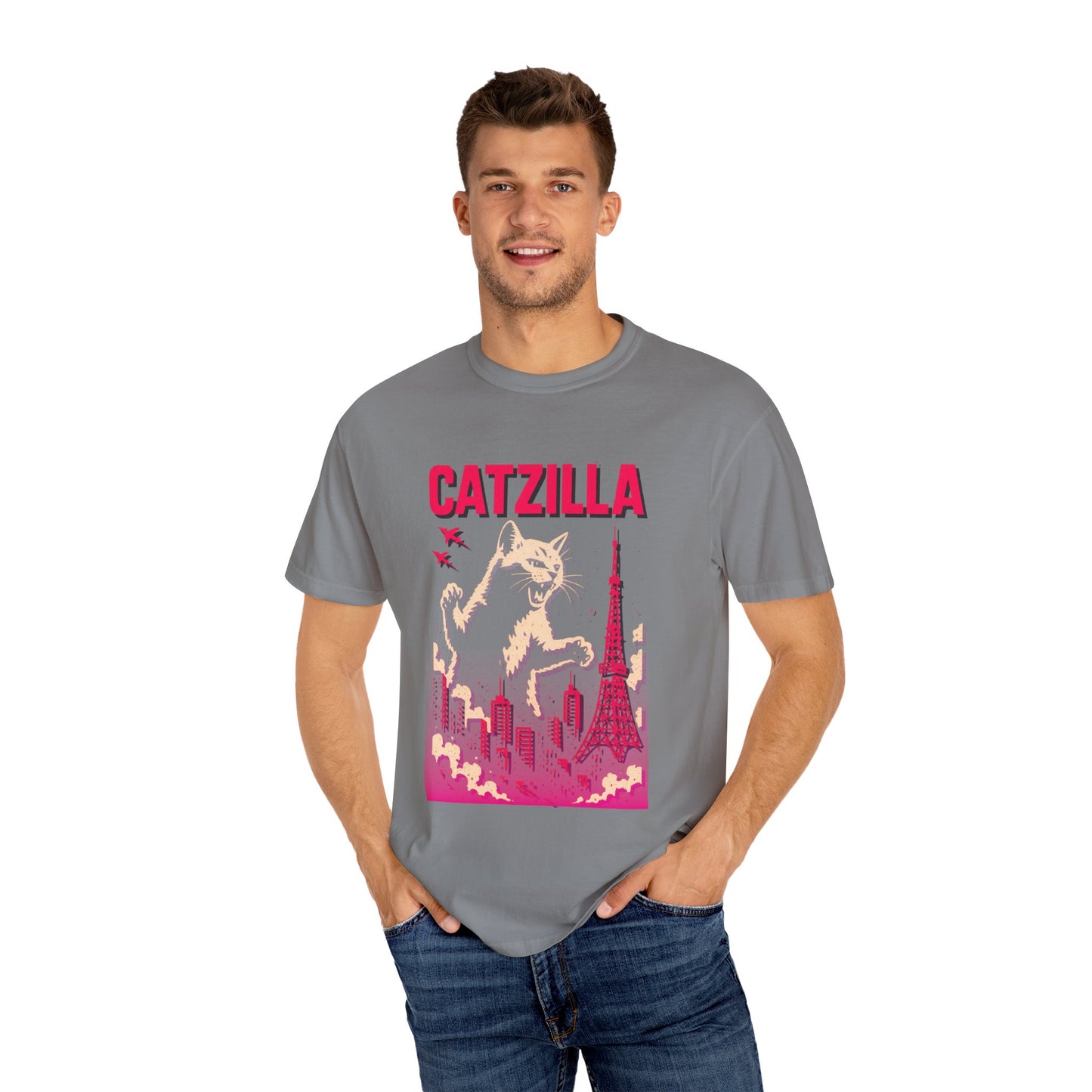 Catzilla Tee – Hot Pink Retro City Graphic | Comfort Colors®