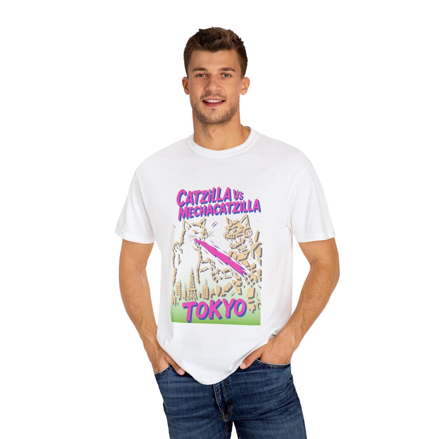 Catzilla vs MechaCatzilla Tee – Hot Pink & Green Kaiju Battle | Comfort Colors®