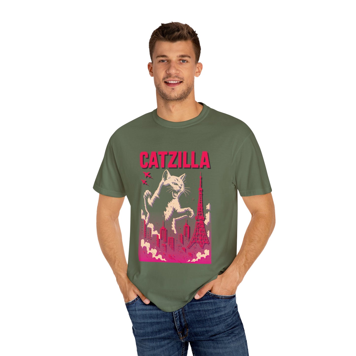 Catzilla Tee – Hot Pink Retro City Graphic | Comfort Colors®