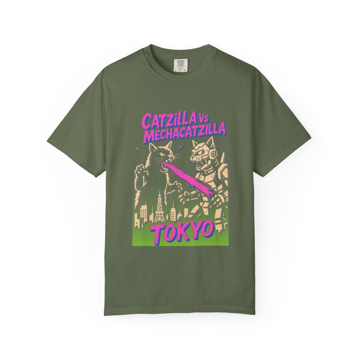 Catzilla vs MechaCatzilla Tee – Hot Pink & Green Kaiju Battle | Comfort Colors®