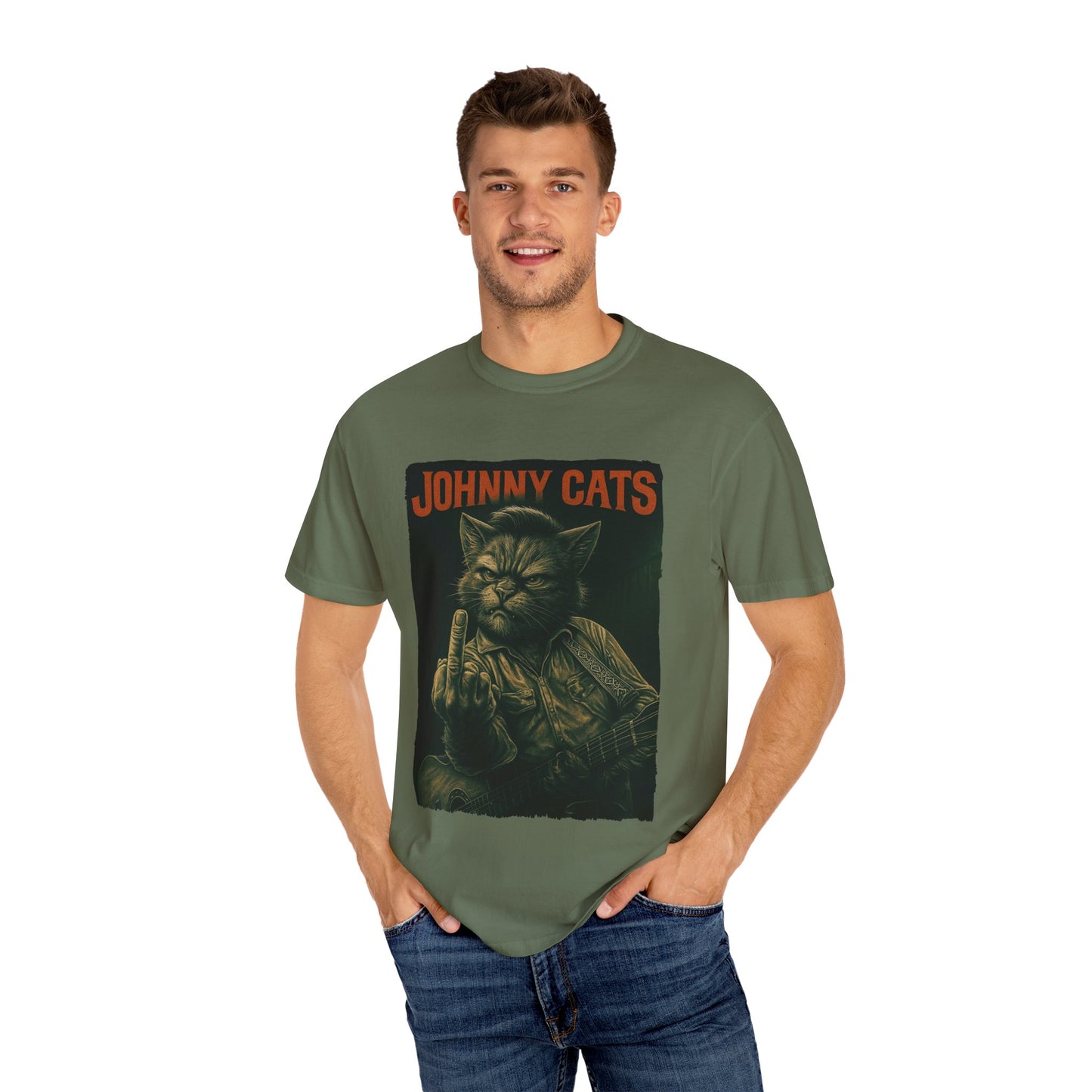 Johnny Cats Tee – Gritty Guitar Cat Graphic