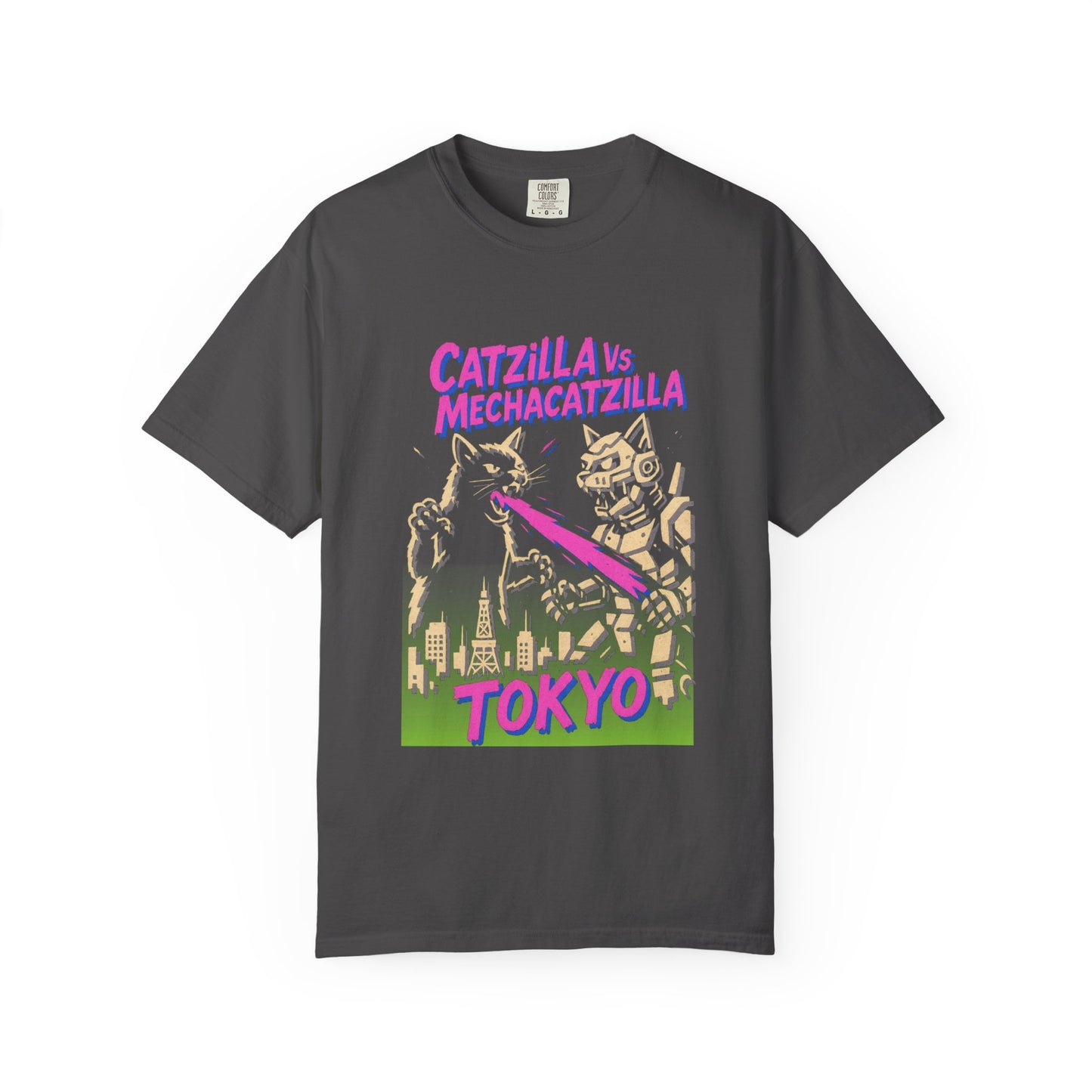 Catzilla vs MechaCatzilla Tee – Hot Pink & Green Kaiju Battle | Comfort Colors®