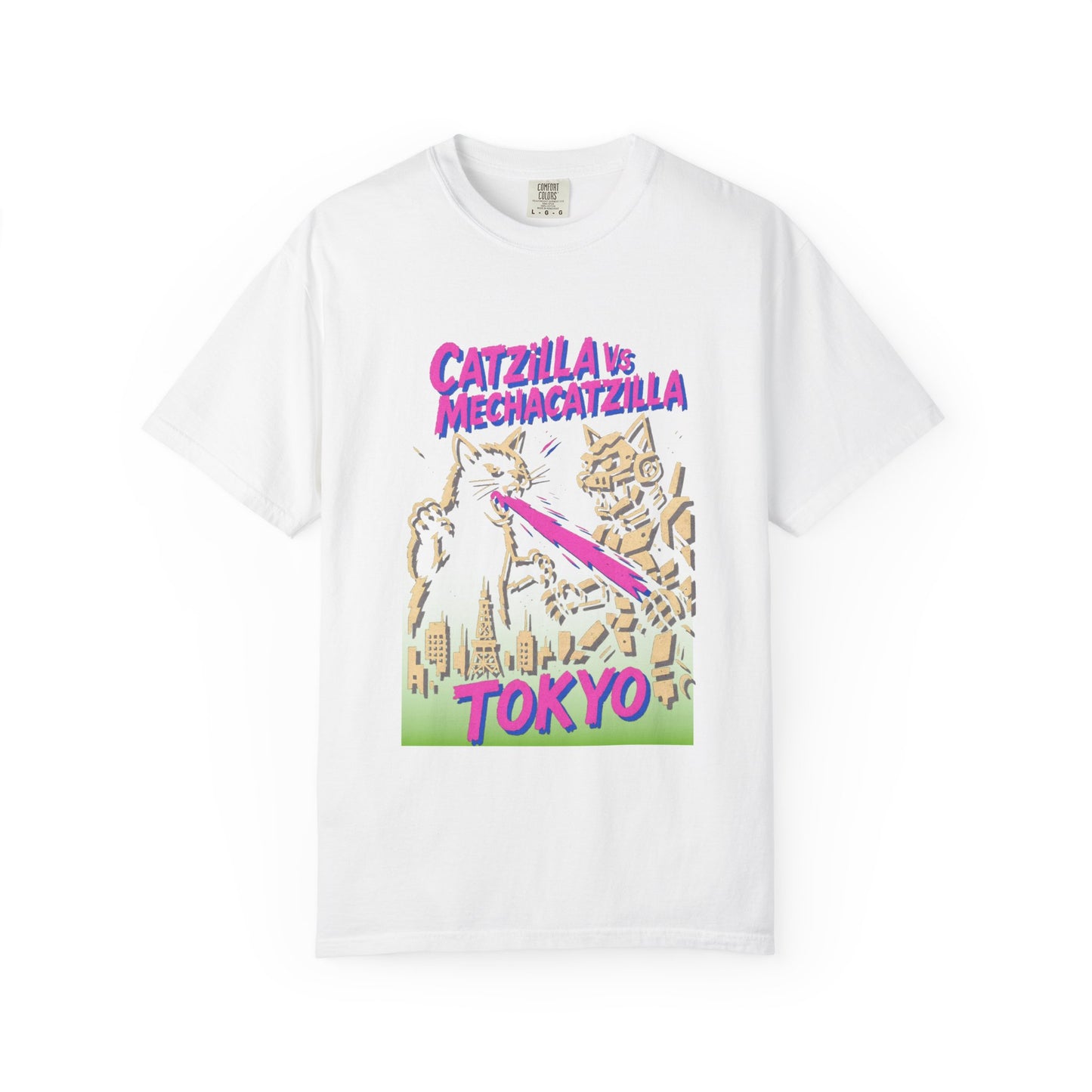 Catzilla vs MechaCatzilla Tee – Hot Pink & Green Kaiju Battle | Comfort Colors®