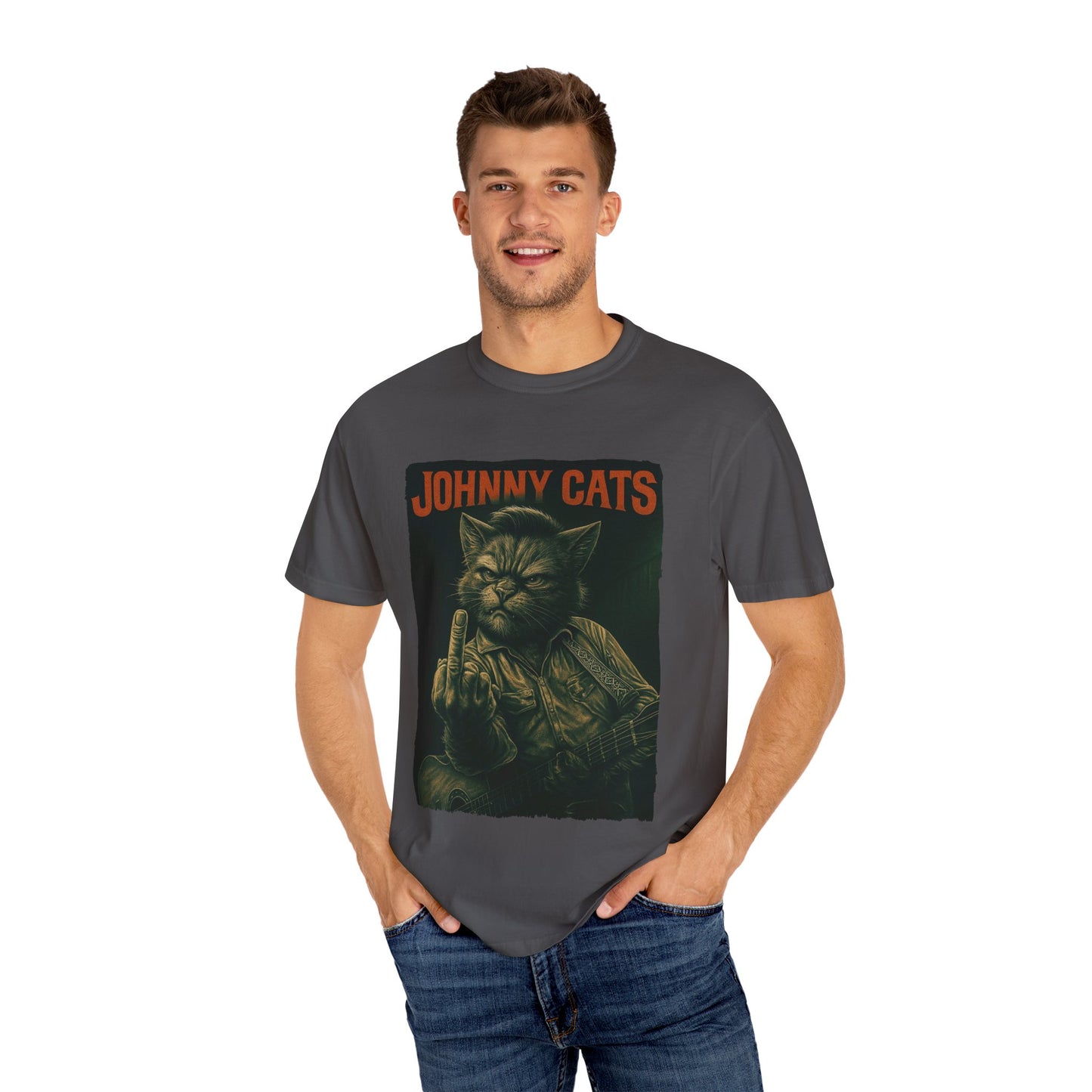 Johnny Cats Tee – Gritty Guitar Cat Graphic