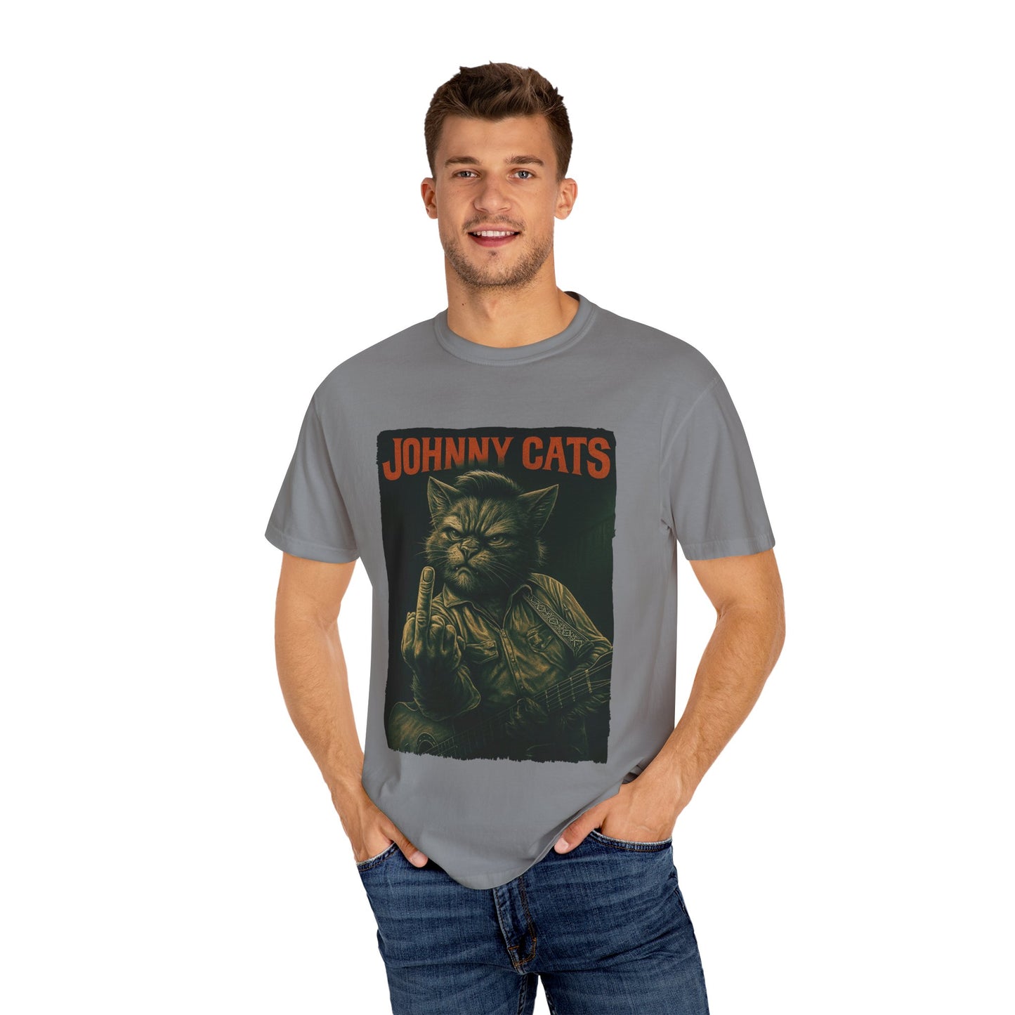 Johnny Cats Tee – Gritty Guitar Cat Graphic