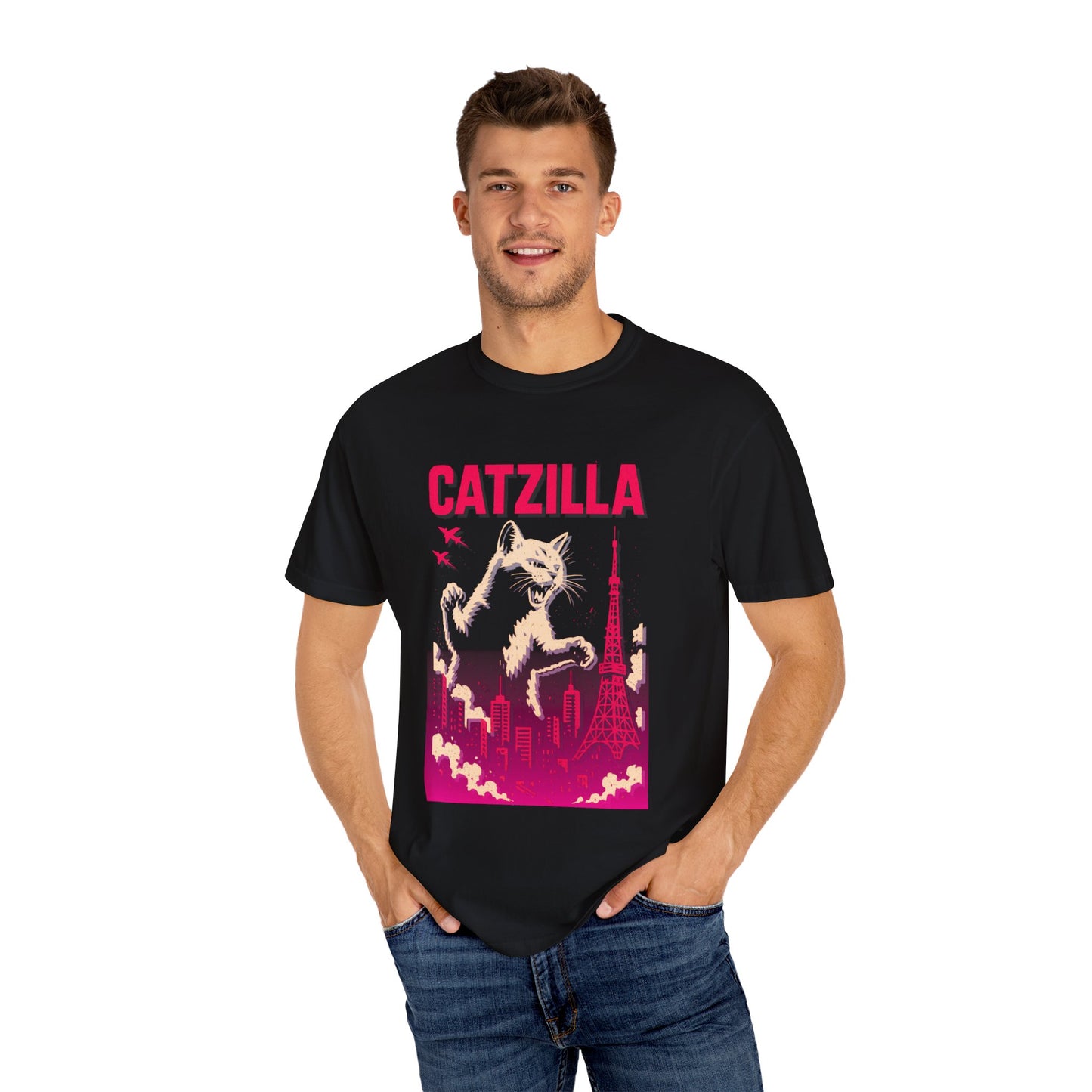 Catzilla Tee – Hot Pink Retro City Graphic | Comfort Colors®