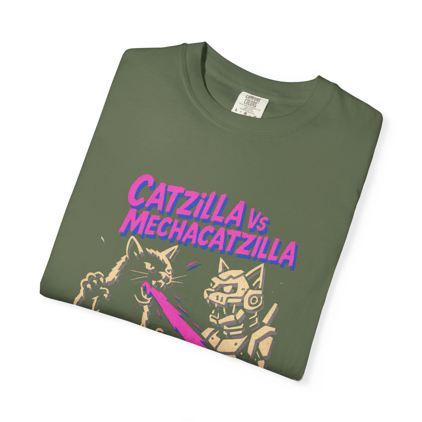 Catzilla vs MechaCatzilla Tee – Hot Pink & Green Kaiju Battle | Comfort Colors®